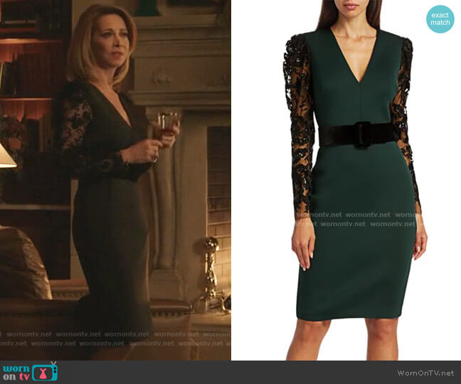 Badgley Mischka Lace-Sleeve Scuba Dress worn by Laura Van Kirk (Sharon Lawrence) on Dynasty