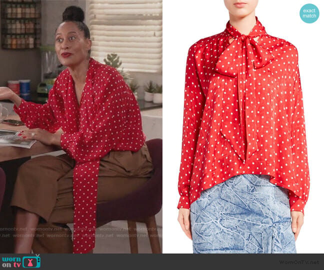 Balenciaga Polka Dot Tie Neck Blouse worn by Rainbow Johnson (Tracee Ellis Ross) on Black-ish