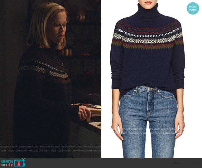 Barneys New York Navy Fair Isle Turtleneck Sweater worn by Elena Richardson (Reese Witherspoon) on Little Fires Everywhere