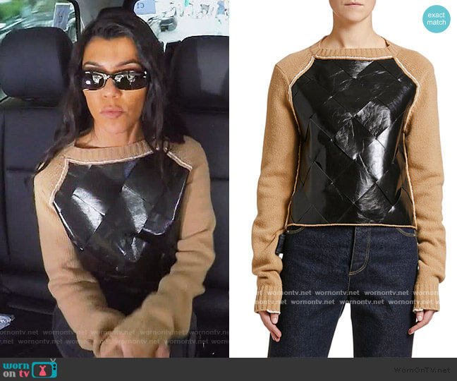 Bottega Veneta Leather-Front Wool Sweater worn by Kourtney Kardashian on Keeping Up with the Kardashians