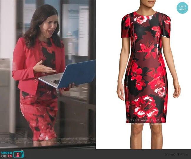 Calvin Klein Floral Short-Sleeve Sheath Dress worn by Shannon Ross (Nicole Power) on Kims Convenience