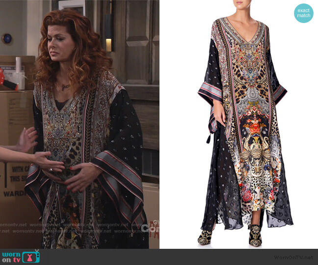 Camilla Printed Coverup Kaftan with Sheer Sleeves worn by Grace Adler (Debra Messing) on Will and Grace