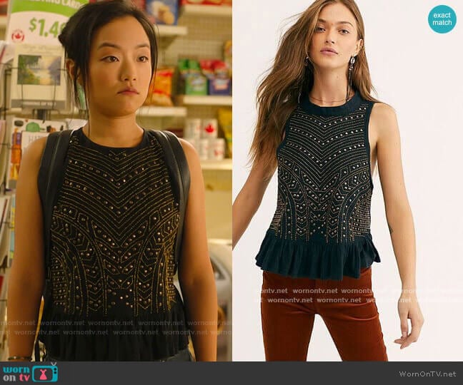 Free People Cool Cat Embellished Tank worn by Janet (Andrea Bang) on Kims Convenience