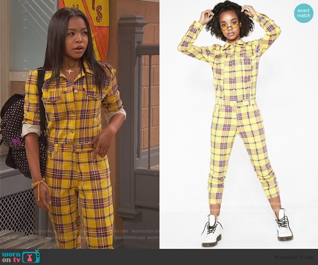 Dolls Kill Caution Grunge Plaid Jumpsuit worn by Nia Baxter (Navia Robinson) on Ravens Home