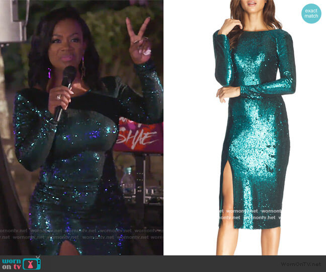 Dress the Population Natalie Sequin Long Sleeve Body-Con Dress worn by Kandi Burruss on The Real Housewives of Atlanta