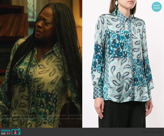 Elie Tahari Beck Print Puff-Sleeve Silk Shirt worn by Annalise Keating (Viola Davis) on How to Get Away with Murder