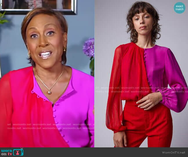 Prabal Gurung Egan Two-Tone Button-Detailed Silk-Chiffon Blouse worn by Robin Roberts on Good Morning America