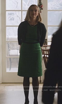 Elena’s green herringbone dress and cropped jacket on Little Fires Everywhere