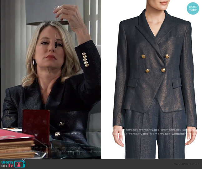 Elie Tahari Jezebel Metallic Linen Double-Breasted Blazer worn by Nina Reeves (Cynthia Watros) on General Hospital