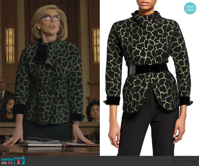 Emporio Armani Giraffe print jacket worn by Diane Lockhart (Christine Baranski) on The Good Fight