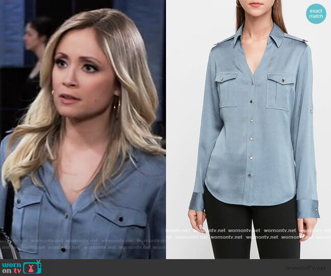 Express Slim Fit Satin Military Portofino Shirt worn by Lulu Spencer Falconeri (Emme Rylan) on General Hospital