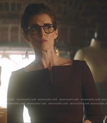 Gal LaMontagn’s burgundy asymmetric top on Katy Keene