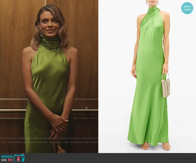 Galvan Sienna halterneck satin maxi dress worn by Noa Hamilton (Nathalie Kelley) on The Baker and the Beauty