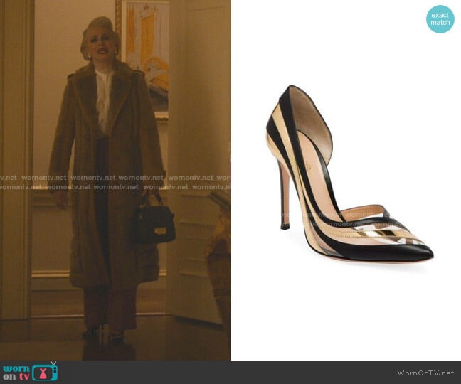 Gianvito Rossi Metallic Stripe Pvc & Leather Pumps worn by  Gloria Grandbilt (Katherine LaNasa) on Katy Keene