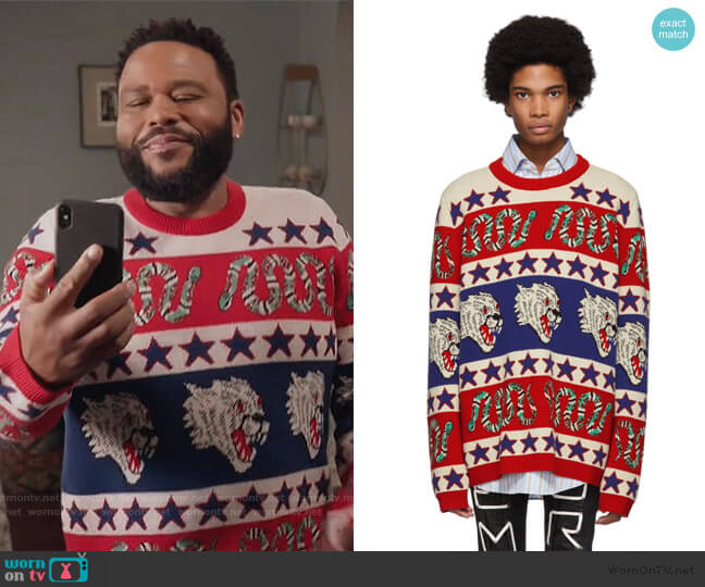 Gucci Blue & Red Jacquard Symbols Sweater worn by Andre Johnson (Anthony Anderson) on Black-ish