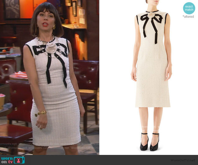 Gucci Rose-Front Bow-Neck Gauze Tweed Midi Dress worn by Elizabeth (Natasha Leggero) on Broke