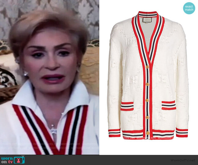 Gucci Wool & Silk GG Intarsia V-Neck Cardigan worn by Sharon Osbourne on The Talk