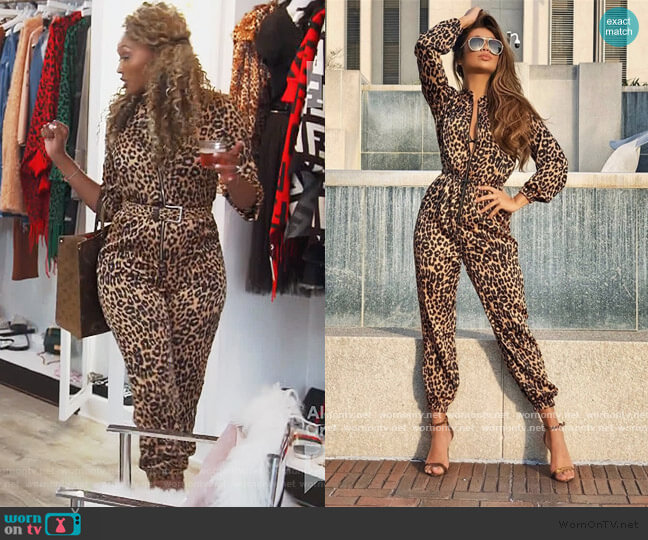 Hot Miami Styles Leopard Print Zipper Drawstring Jumpsuit worn by Cynthia Bailey on The Real Housewives of Atlanta