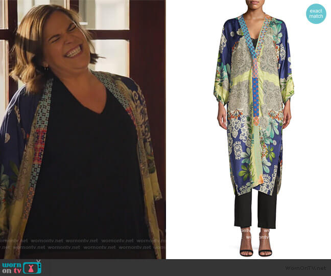 Johnny Was Wasabi Printed Silk Kimono worn by Sara Castillo (Lindsay Mendez) on All Rise