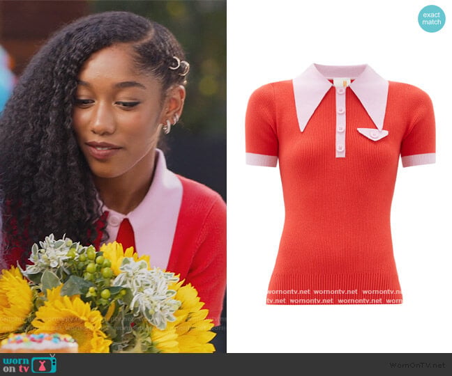Joostricot Exaggerated point-collar cotton-blend polo shirt worn by Drea Barris (Iman Benson) on BlackAF