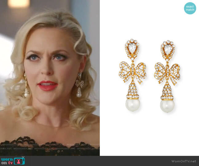 Jose & Maria Barrera Crystal Bow Pearly Drop Earrings worn by Alexis Carrington (Elaine Hendrix) on Dynasty