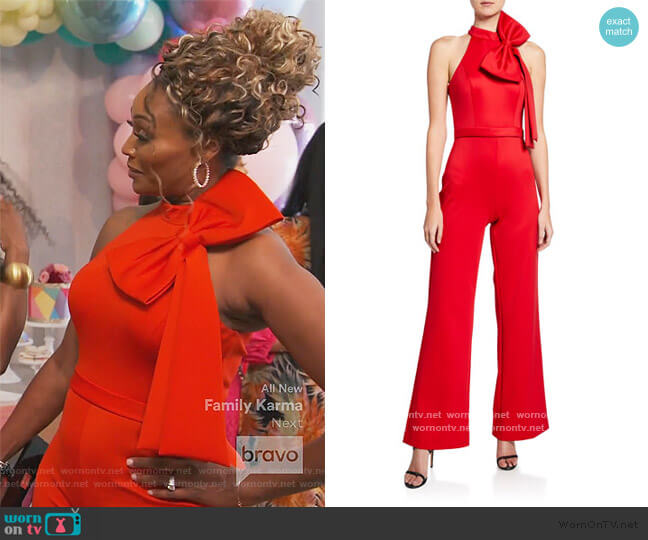 Jovani Halter Jumpsuit with Bow Detail worn by Cynthia Bailey on The Real Housewives of Atlanta