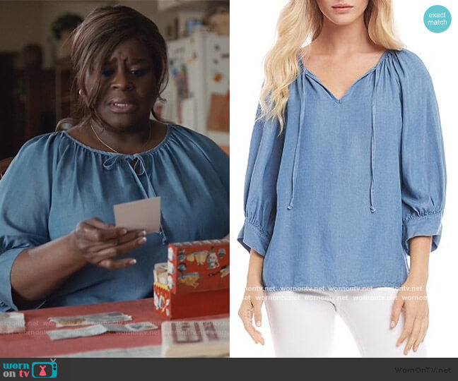Karen Kane Shirred Chambray Peasant Top worn by Ruby Hill (Retta) on Good Girls