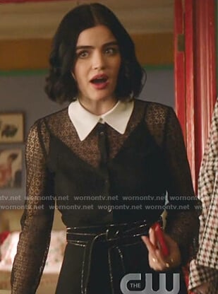 Katy’s black contrast collar lace blouse and skirt on Katy Keene