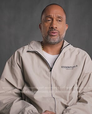 Kenya’s white Essentials windbreaker jacket on BlackAF