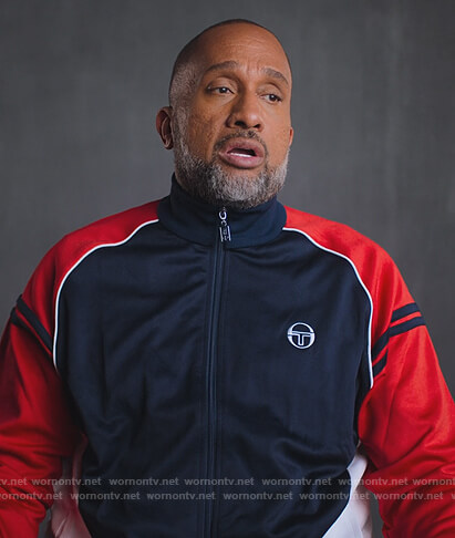 Kenya’s navy and red track jacket on BlackAF