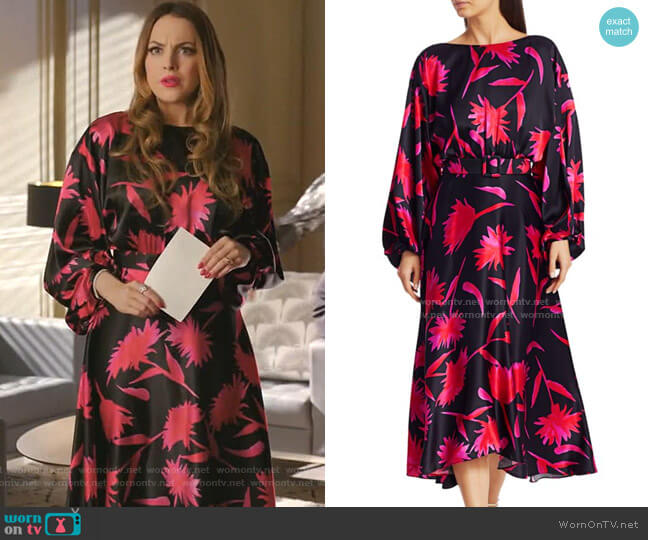 Saloni Kim B Floral Silk Midi Flare Dress worn by Fallon Carrington (Elizabeth Gillies) on Dynasty