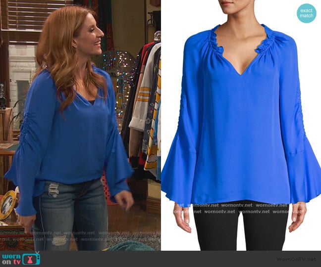 Kobi Halperin Carolina Ruched Silk Bell-Sleeve Blouse worn by Chelsea Grayson (Anneliese van der Pol) on Ravens Home