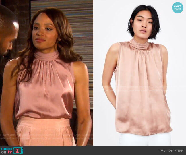 Zara Satin Blouse with High Collar and Gathered Fabric worn by Lani Price (Sal Stowers) on Days of our Lives