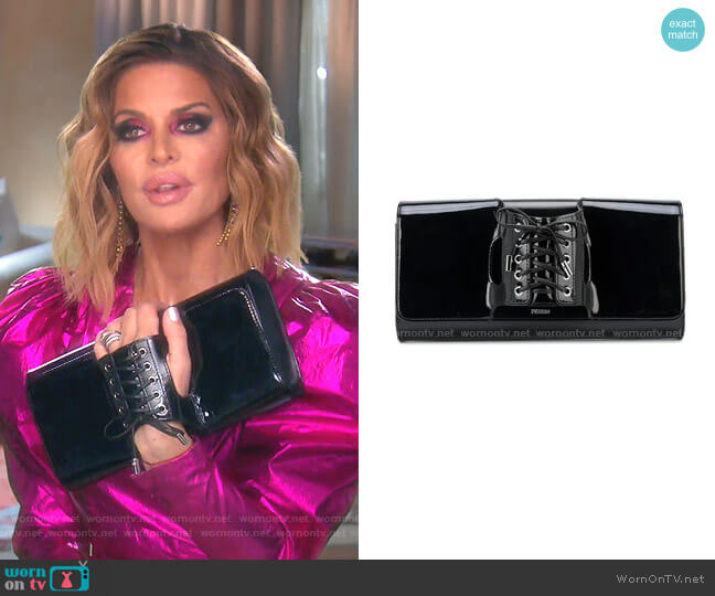 Perrin Paris Le Corset Lace-Up Clutch Bag worn by Lisa Rinna on The Real Housewives of Beverly Hills