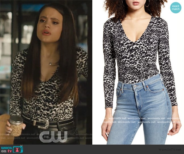 Leith Deep V-Neck Long Sleeve Bodysuit worn by Maggie Vera (Sarah Jeffery) on Charmed