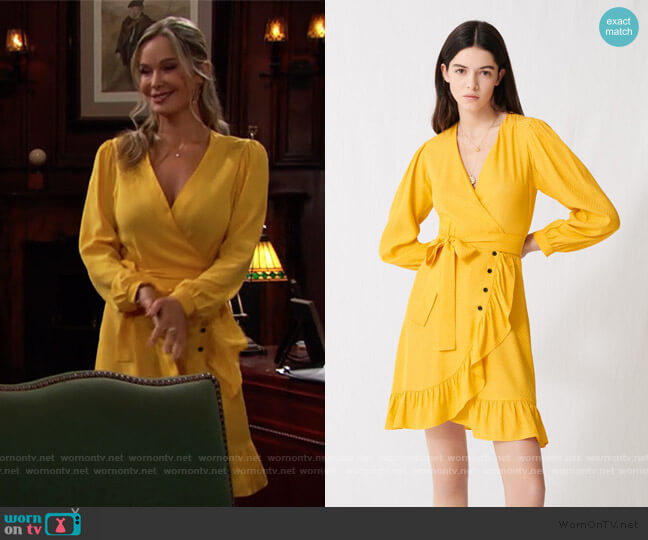 Maje Sunny Yellow Wrap Tie Dress worn by Donna Logan (Jennifer Gareis) on The Bold and the Beautiful