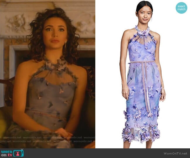 Marchesa Notte Sleeveless Tulle Halter Dress worn by Bess (Maddison Jaizani) on Nancy Drew
