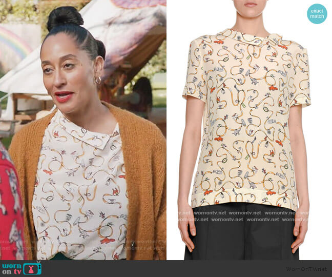 Marni Ribbon & Charm Short-Sleeve Asymmetric-Collar Silk Blouse worn by Rainbow Johnson (Tracee Ellis Ross) on Black-ish