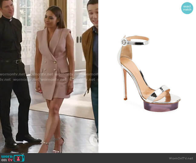 Gianvito Rossi Metallic Metal Rubber Sandals worn by Cristal Jennings (Daniella Alonso) on Dynasty
