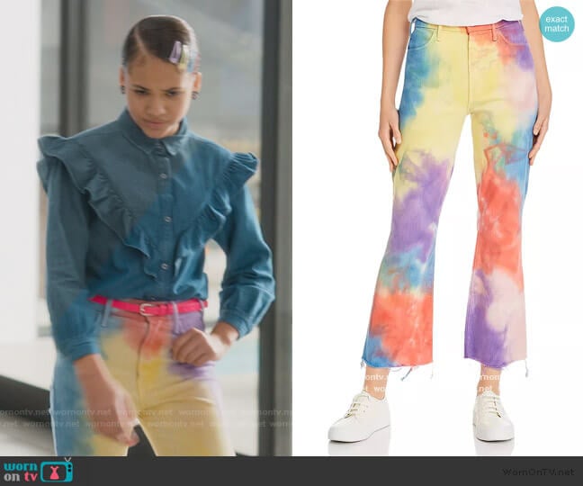 Mother Hustler Tie-Dye Ankle Fray Flared Jeans in Mystical AF worn by Izzy Barris (Scarlet Spencer) on BlackAF