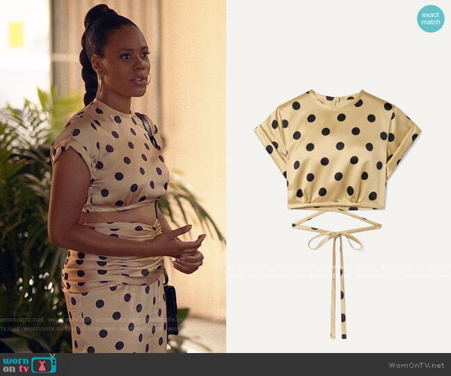 Orseund Iris Le Club cropped polka-dot satin top worn by Condola (Christina Elmore) on Insecure