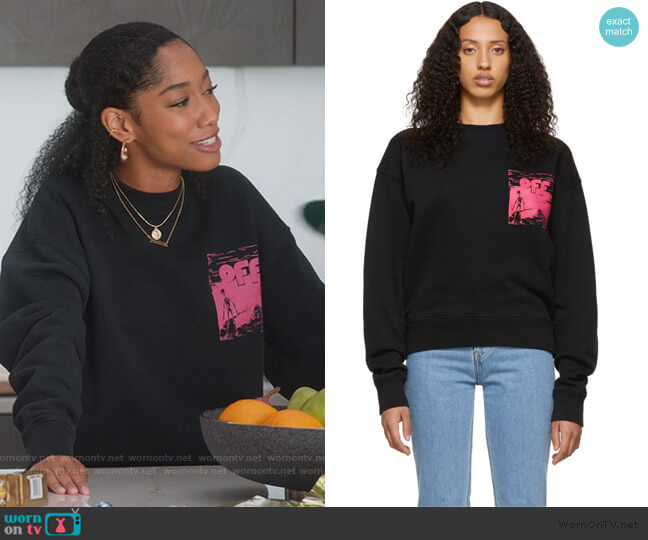 Off-White Black Skulls Floating Crewneck Sweatshirt worn by Drea Barris (Iman Benson) on BlackAF