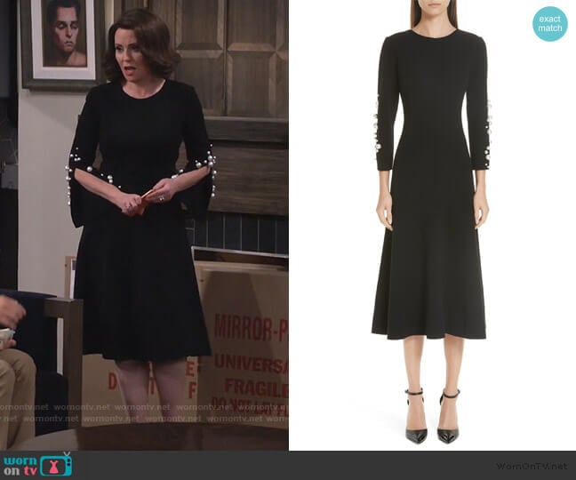 Oscar de la Renta Imitation Pearl Embellished Stretch Wool Crepe Dress worn by Karen Walker (Megan Mullally) on Will and Grace