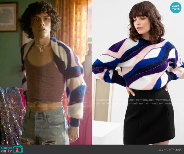 & Other Stories Embellished Colour Wave Sweater worn by Jorge Lopez (Jonny Beauchamp) on Katy Keene