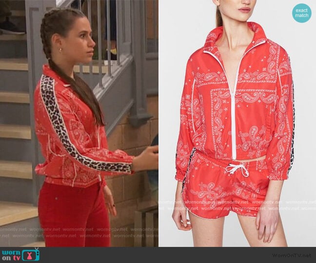 Pam & Gela Red Paisley Leopard-Stripe Track Jacket worn by Tess O'Malley (Sky Katz) on Ravens Home