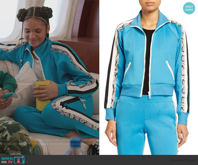 Pam & Gela Snake-Print Stripe Cropped Track Jacket worn by Izzy Barris (Scarlet Spencer) on BlackAF