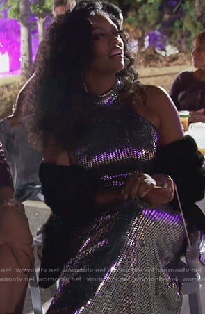 Porsha’s silver metallic halter dress on The Real Housewives of Atlanta