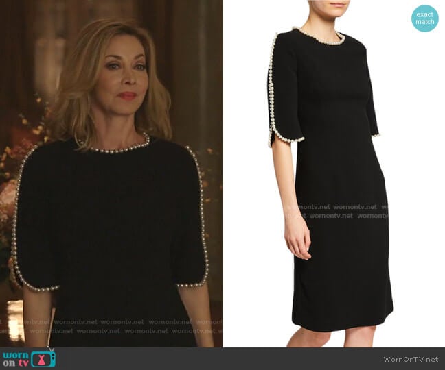 Rickie Freeman for Teri Jon Pearl Trimmed Sheath Dress worn by Laura Van Kirk (Sharon Lawrence) on Dynasty