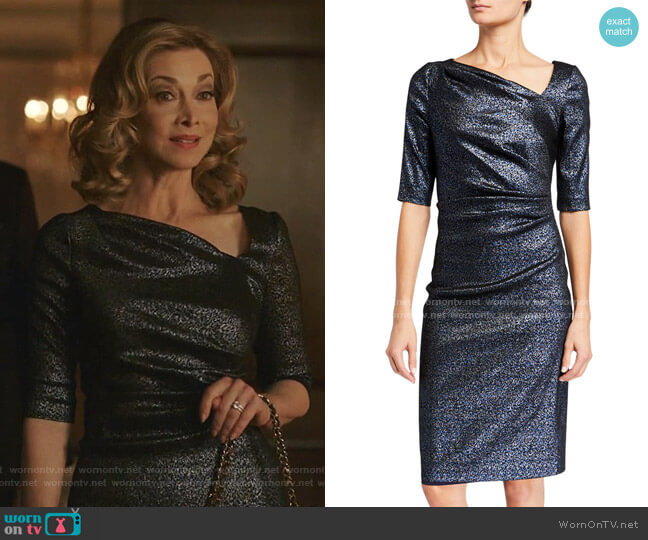 Rickie Freeman for Teri Jon Metallic 1/2-Sleeve Tucked Bodice Sheath Dress worn by Laura Van Kirk (Sharon Lawrence) on Dynasty