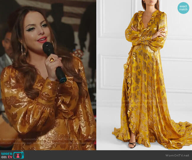 Monique Lhuillier Ruffled Metallic Jacquard Wrap Gown worn by Fallon Carrington (Elizabeth Gillies) on Dynasty